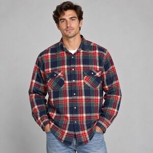 Vintage NorthCrest Shirt Mens Large Tall Red Plaid Flannel Cotton Long Sleeve